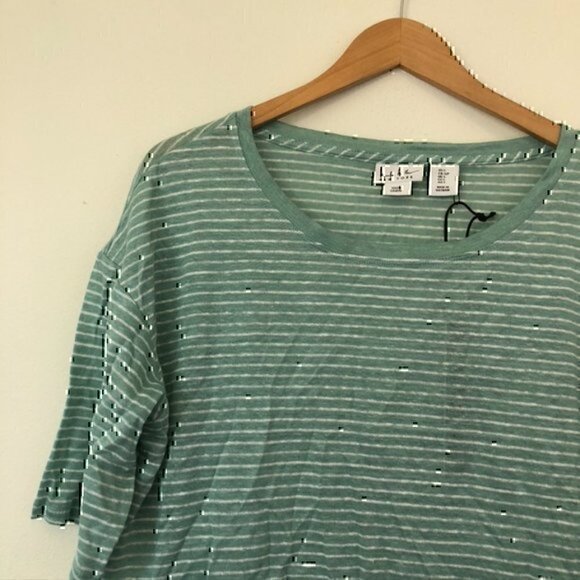 NEW NWT NICOLE MILLER Aqua Green White Stripe 100% Linen Boxy Short Sleeve Top S - Picture 3 of 10
